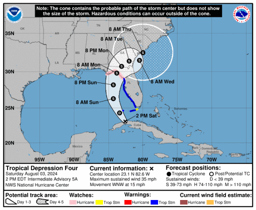 A map of Tropical Depression Four